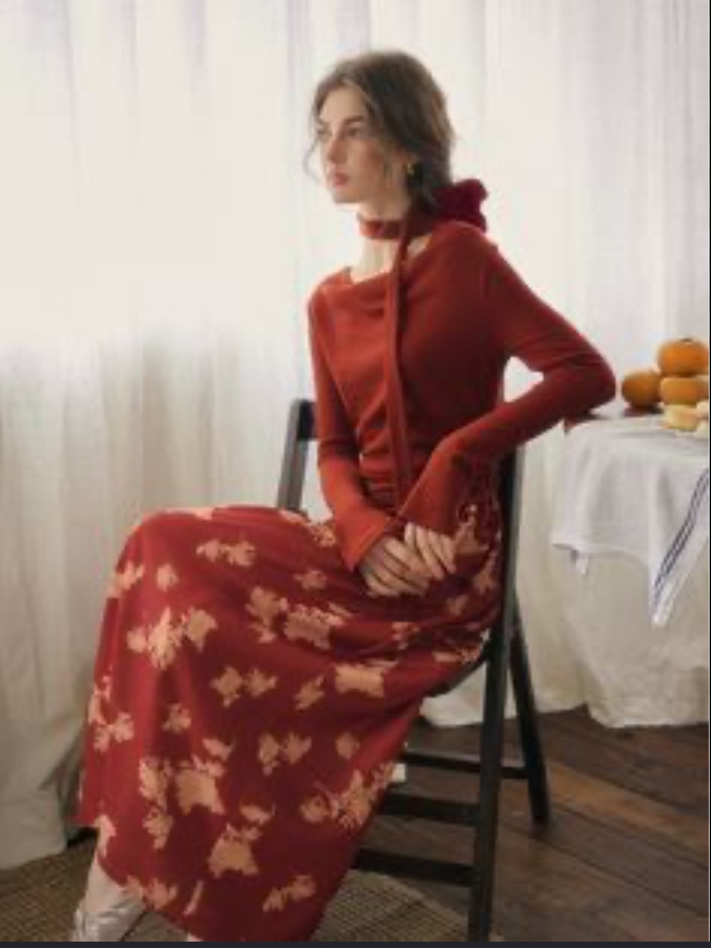 Simple Retro | Luna Retro Scarf Long-sleeved Dress Red Floral Maxi | Size L